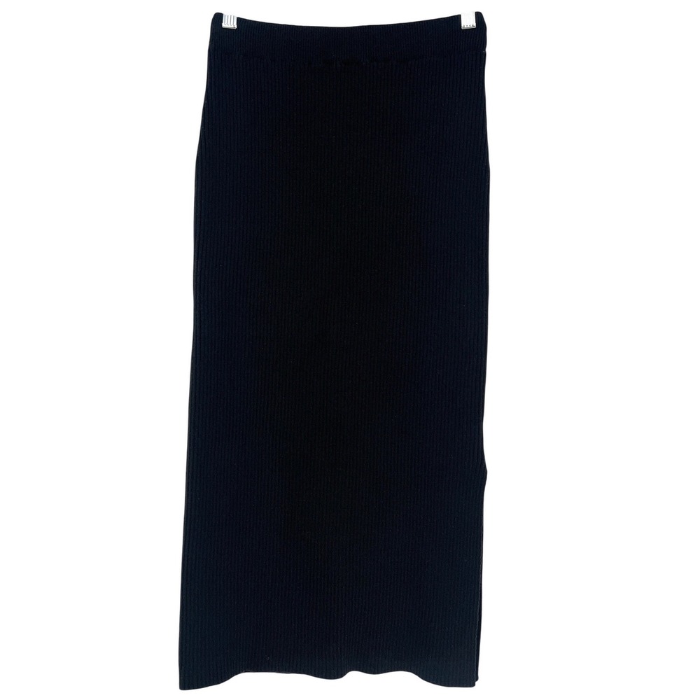 Double Zero Black Ribbed Knit Straight Midi Skirt Side Slit Elastic Waist Medium